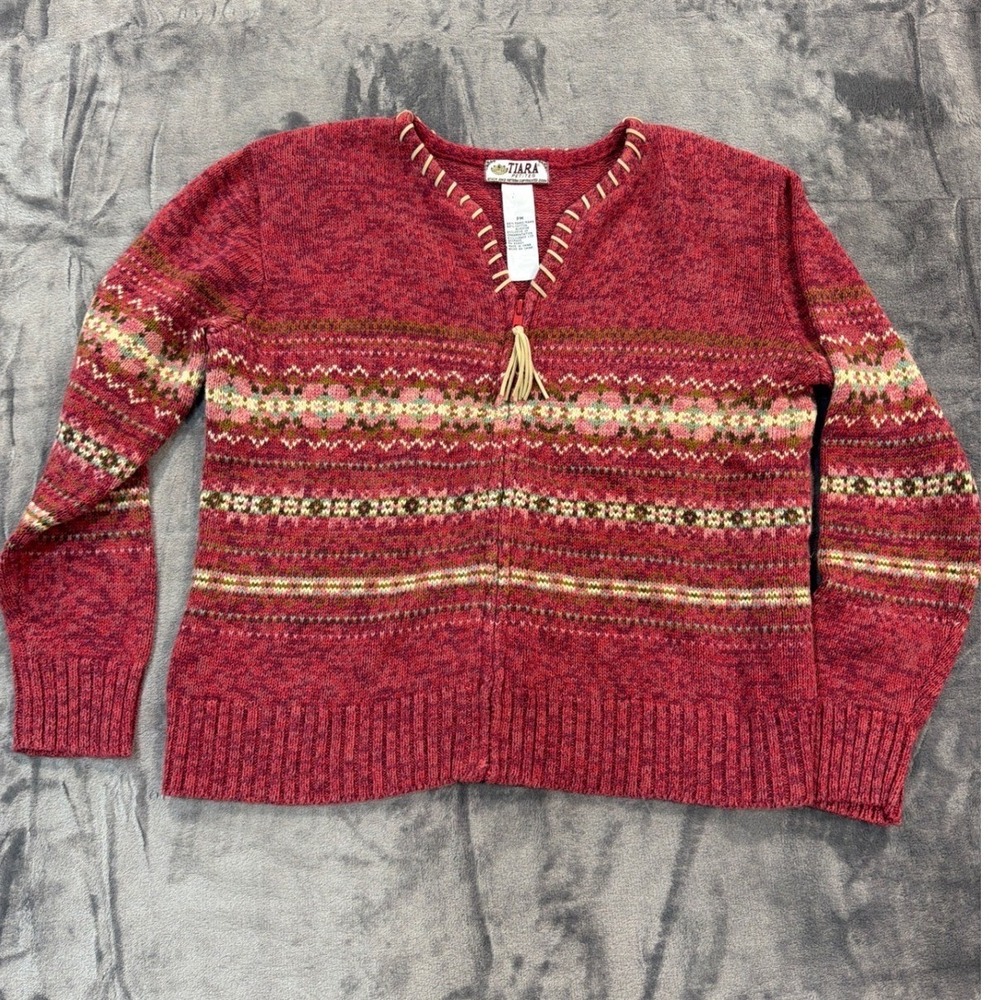 Tiara Petites Sweater Womens Red Fair Isle Whipstitch Zip Tassel PM